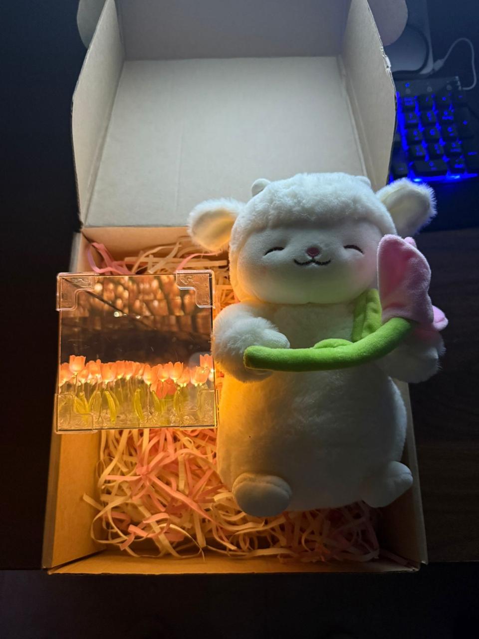 Peluche Corderito Tulipan + Tulipanes Infinito Caja